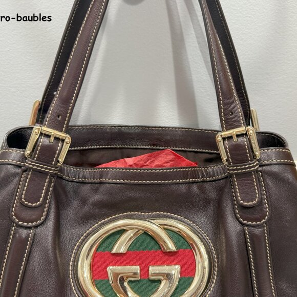 Gucci Britt GG Red Green Web Hobo Soho Leather Dark Brown Tote - MINT! - Picture 3 of 14